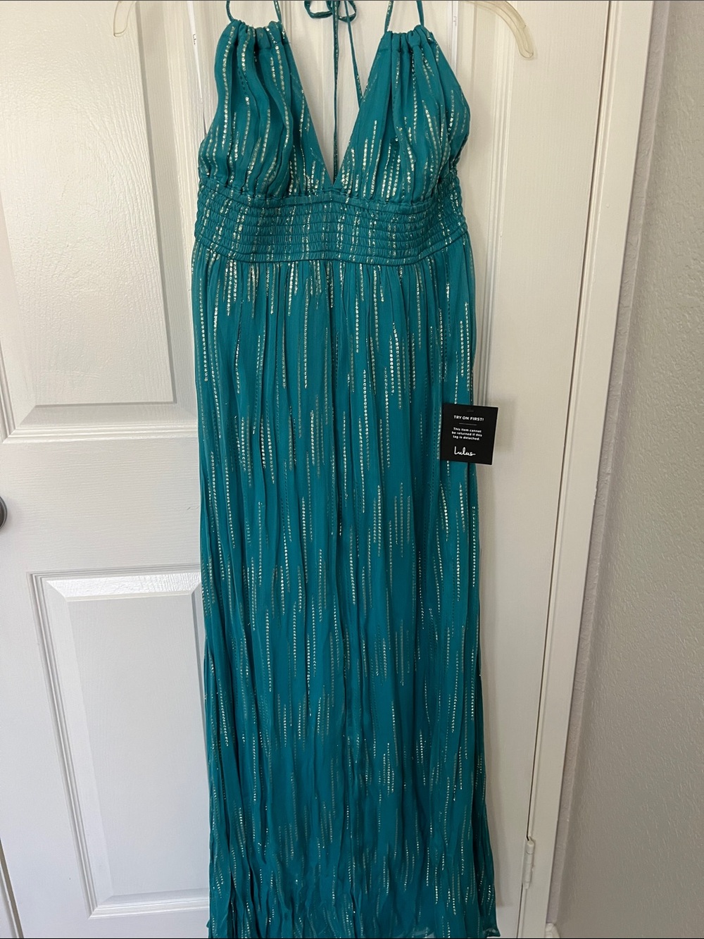 Lulu's Teal Halter Maxi Dress with Metallic Stripe Accents